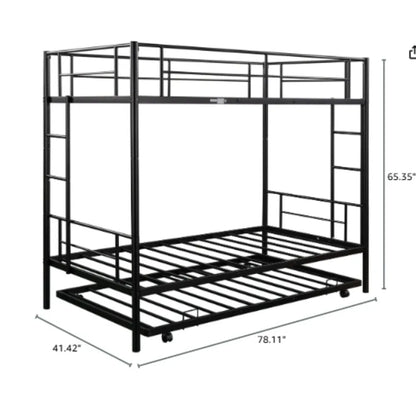 Litera doble sobre cama individual con cama nido, literas dobles para 3 niños o jóvenes, litera de metal con 2 escaleras y barandillas de longitud completa