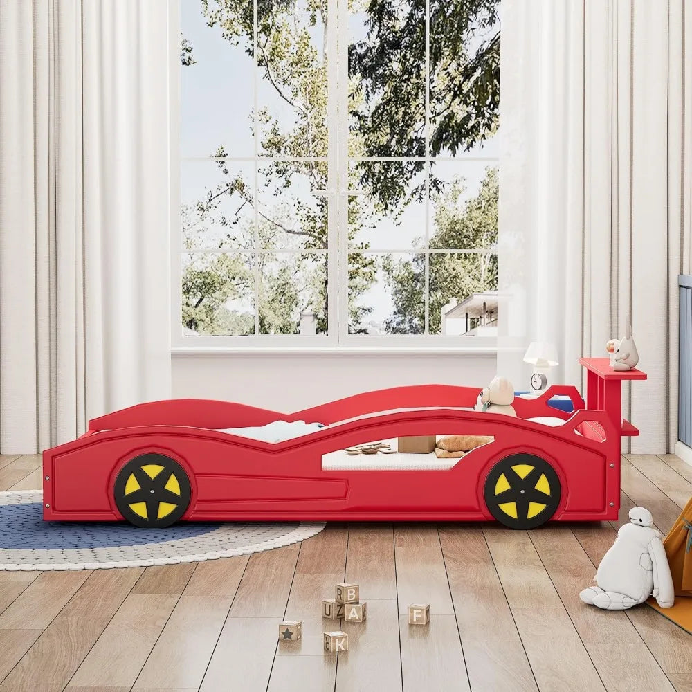 Twin Size Race Car Bed for Kids, Red Wooden Platform Bed with Open Storage Shelves, Safe Guardrails, No Box Spring Required