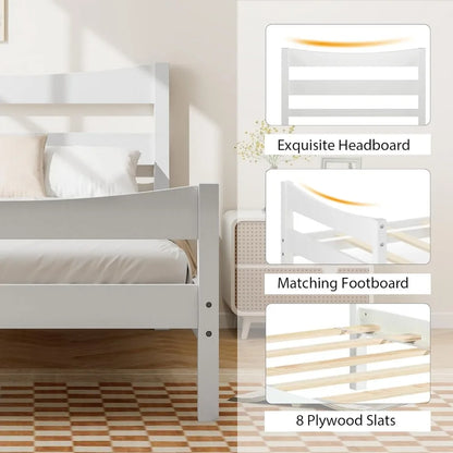 Wood Twin Bed Frame, Modern White Platform Bed w/Headboard & Footboard, Solid Wood Slat Support, No Box Spring Needed