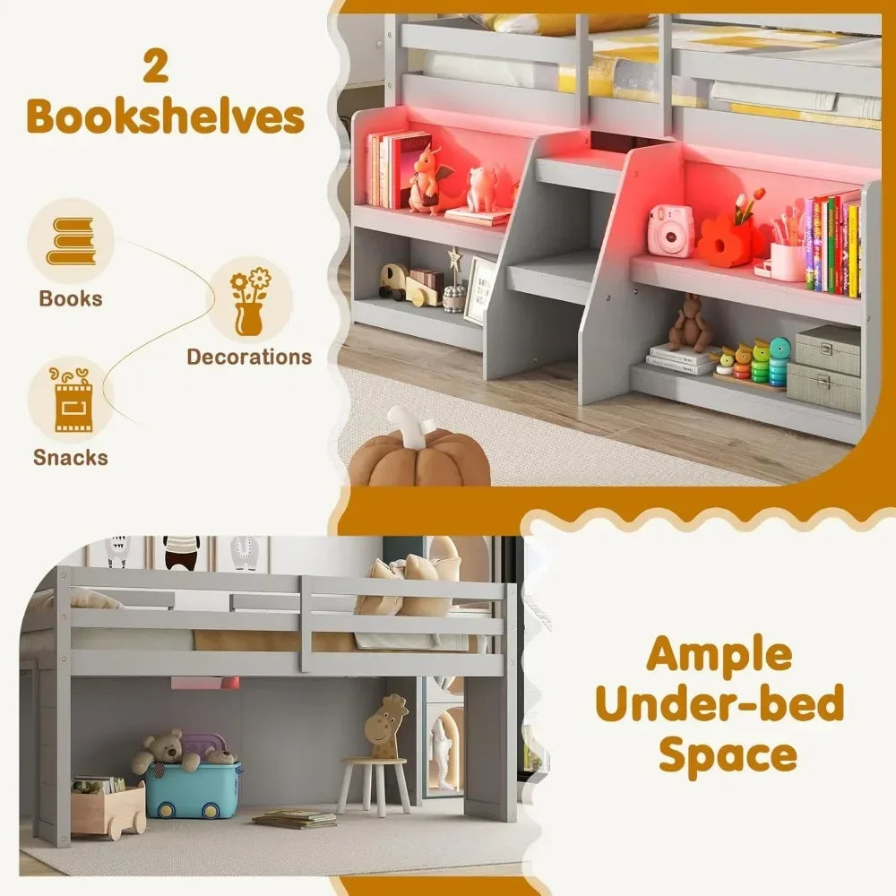 Cama baja tipo loft con luces LED, cama doble de madera con escaleras y barandilla de seguridad, con estantería de almacenamiento y espacio de juegos debajo de la cama, gris