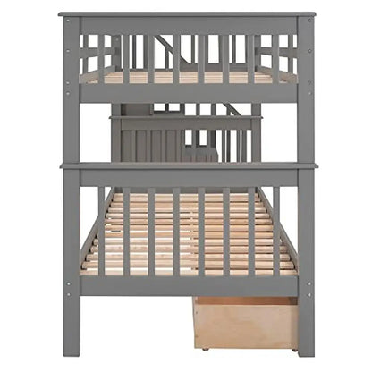 Lit superposé simple en bois massif avec escaliers, 3 tiroirs de rangement, étagères, cadre robuste et durable, design sûr pour enfants et adolescents