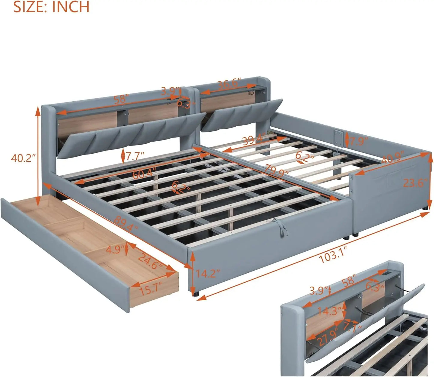 Cama con plataforma tapizada para madre e hijo, tamaño Queen y Twin XL, con sistema de almacenamiento hidráulico, cajón