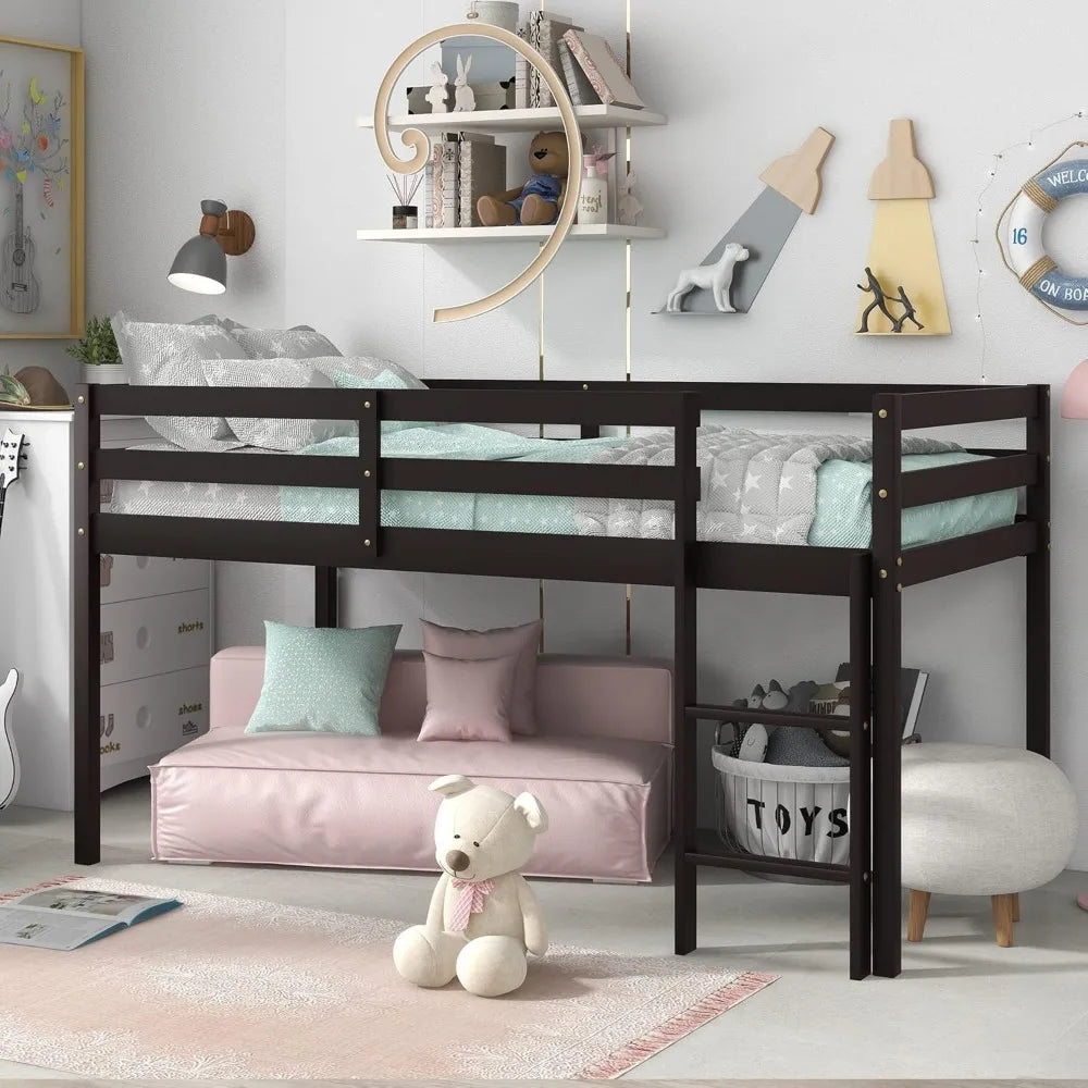 Loft Bed Frame with Ladder,Solid Wood Low Loft Twin Bed,Twin Size Bed,Loft Bed Twin for Boys Girls,No Box Spring Needed