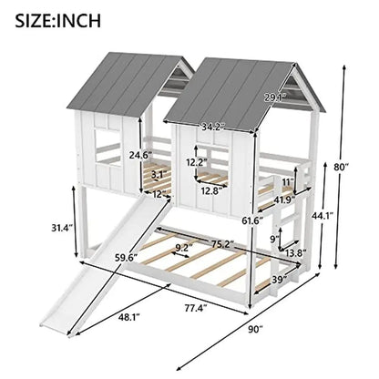 Twin Over Twin Playhouse Bunk Bed with Slide and Roof Windows Kids Teens Boys Girls House Bunk Bed White Wood Easy Assembly