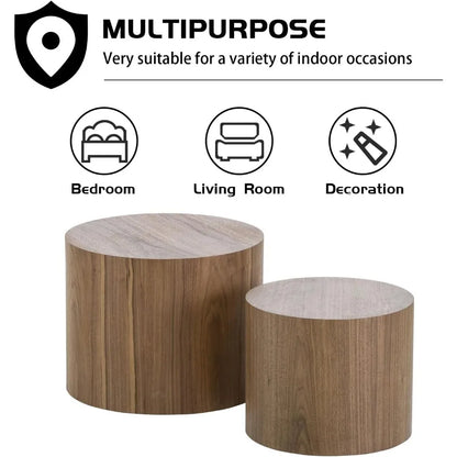 Nesting Coffee Table Set of 2, Walnut Round Wooden Coffee Tables Modern Circle Table for Small Space Living Room Bedroom