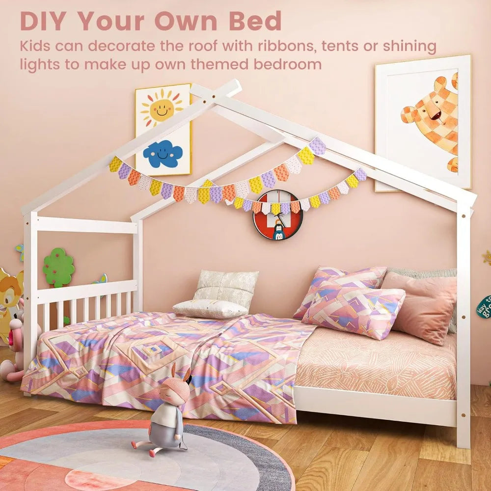 Cama infantil de madera maciza con techo, cabecero y pie de cama, estructura de cama doble de piso bajo para niños pequeños, adolescentes, niñas y niños