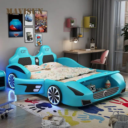 Cama doble Mavisun para niños con marco de coche de simulación de dibujos animados, luz azul fresca, amplia zona de descanso, muebles de dormitorio, cama para niños