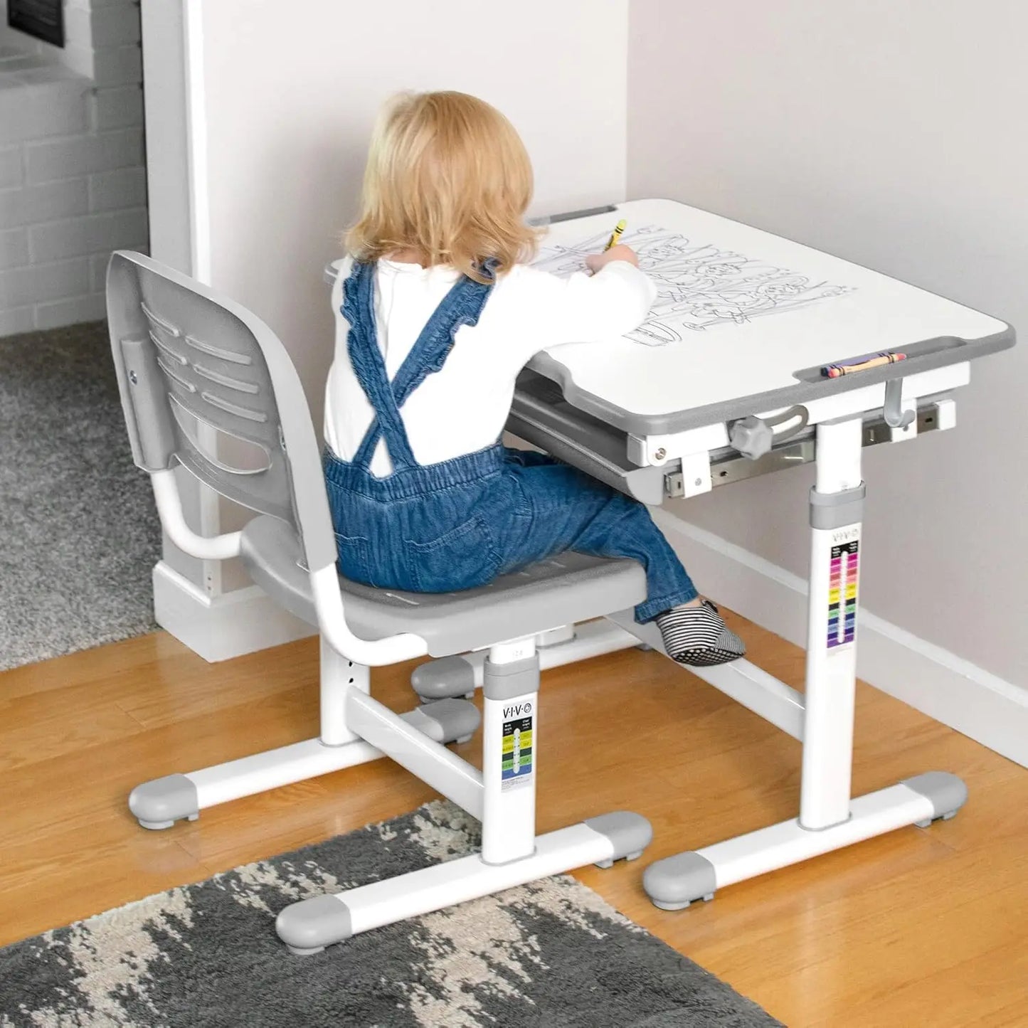 VIVO Gray Height Adjustable Childrens Desk and Chair Set | Kids Interactive Workstation