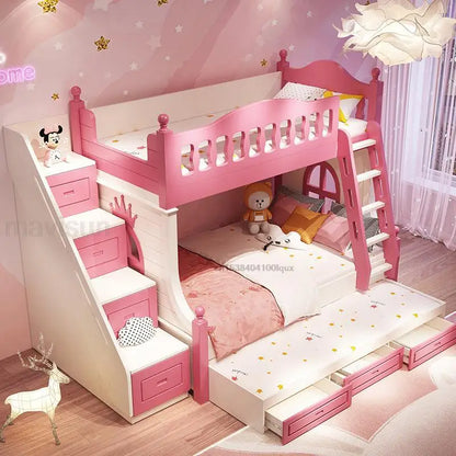 Lit mezzanine avec tiroirs Meubles créatifs et charmants à deux étages roses pour filles de 5 à 8 ans Lits pour enfants à la mode en solde