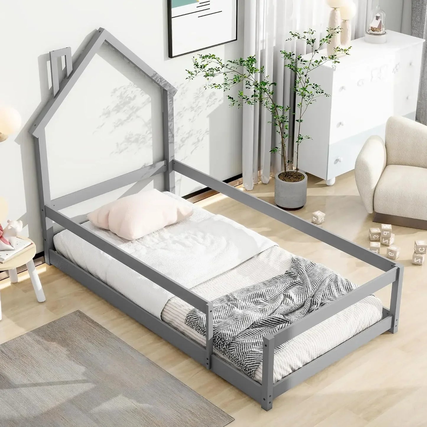 Twin Size House-Shaped Headboard Floor Bed with Fences, Wooden Montessori Bed for Kids,House Bed Twin Frame for Girls,Boys (Gray