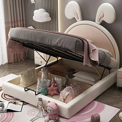 Lit de princesse avec oreilles de lapin adoré, sac en éponge à rebond élevé, lit pour filles, lit pour enfants stable de 10 cm de haut, pieds en métal, lit en cuir rose pour enfants