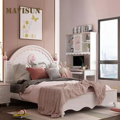 Lit simple pour enfants avec table de chevet, meubles de chambre à coucher, placard assorti, joli lit pour enfants à cadre en bois massif pour filles