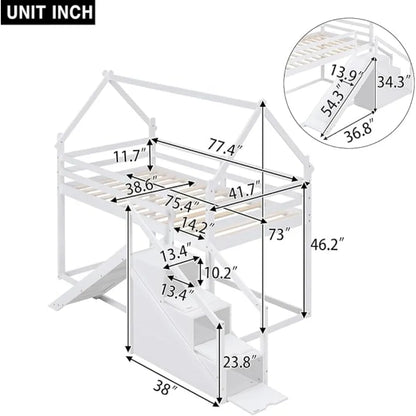 Lit superposé Twin Over Twin House avec toboggan et escalier, cadre de lit mezzanine/superposé en bois massif avec barrières de sécurité pour enfants