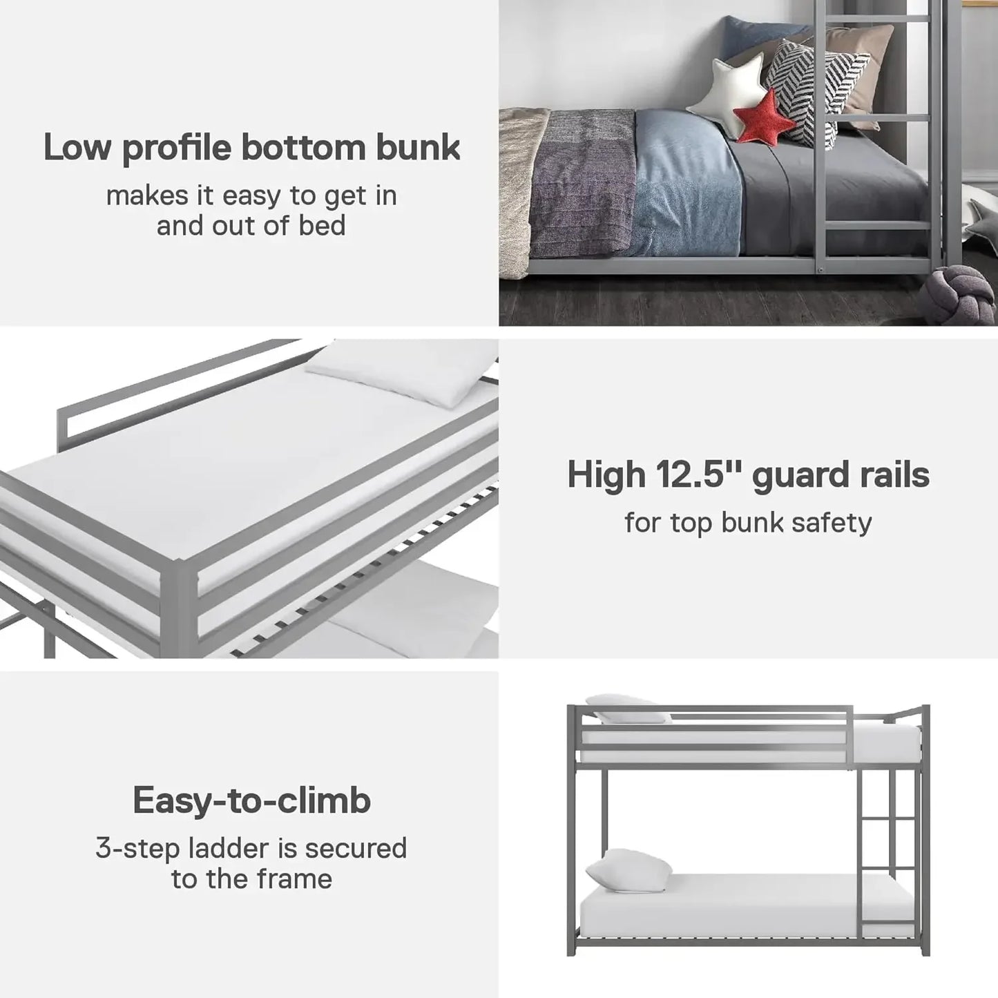 Miles Low Metal Bunk Bed Frame for Kids, With Built-in Ladder, High Guardrail and Metal Slats, Floor Bed Bottom Bunk, No Box