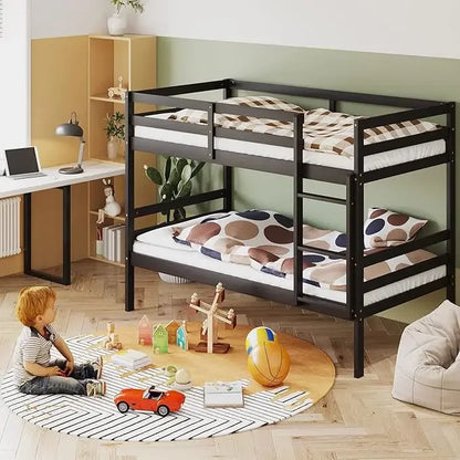 Wood Bunk Bed Twin Over Twin, Bunk Bed with Ladder & Safety Guardrail, Solid Wood Bed Frame, Ideal Multiple-Child Family, Beds