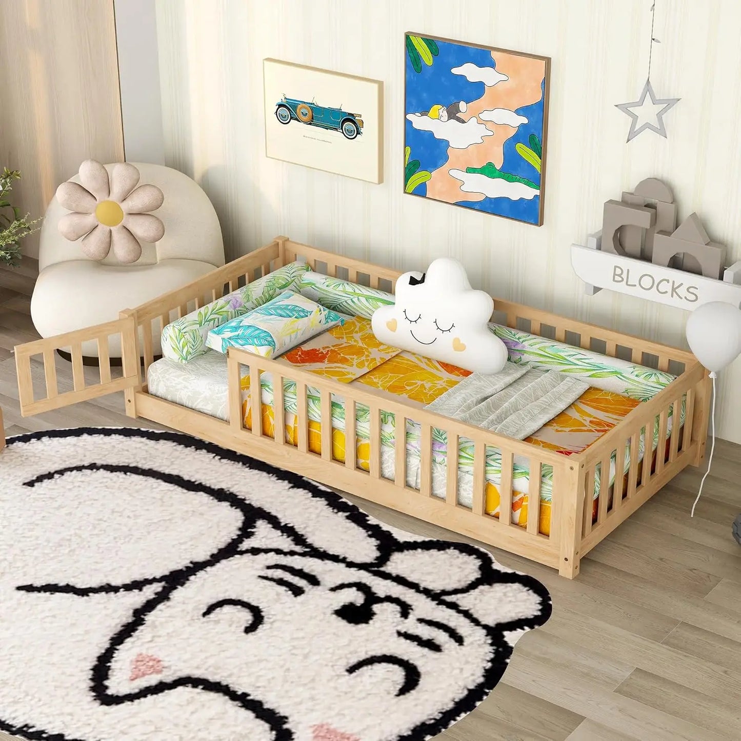 Twin Size Floor Bed with Door and Fence for Kids, Montessori Floor Bed with Slats and Safety Guardrails,Solid Wood Twin Bed