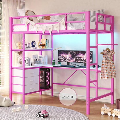 Twin Loft Bed with L-Shaped Desk, LED Lights,Charging Station LED Loft Bed Frame with 3 Storage Shelves and 3 Fabric Drawers