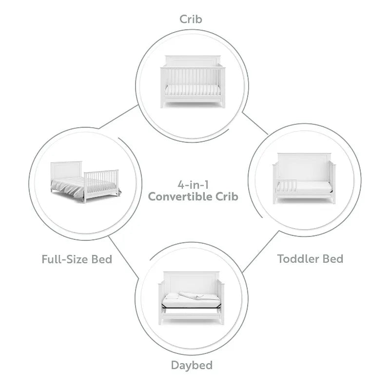 Cuna convertible 5 en 1 Solstice (blanca), con certificación GREENGUARD Gold, se convierte en cama para niños pequeños y en cama de tamaño completo.