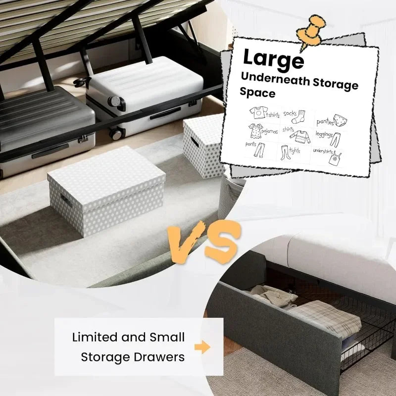 Queen Size Lift Up Storage Bed  Frame,Modern Wingback Headboard,Upholstered Platform,Hydraulic Storage/No Box Spring Needed