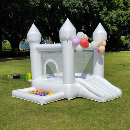 Trampolín inflable blanco con piscina de bolas, tobogán, decoración para bodas, fiestas, eventos, cama de salto para niños con soplador