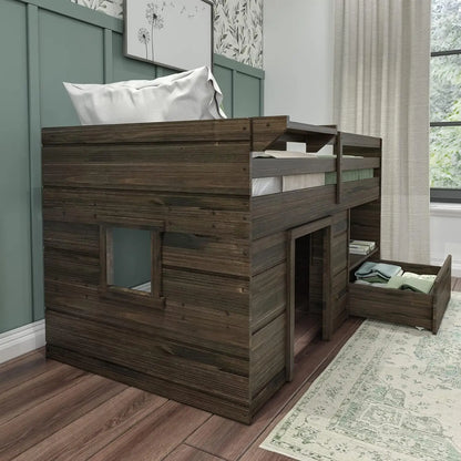 Cama alta Max &amp; Lily con dos camas individuales de madera maciza, cajón de almacenamiento, escalera, estilo rústico moderno, para niños, madera de granero, marrón, para niños pequeños