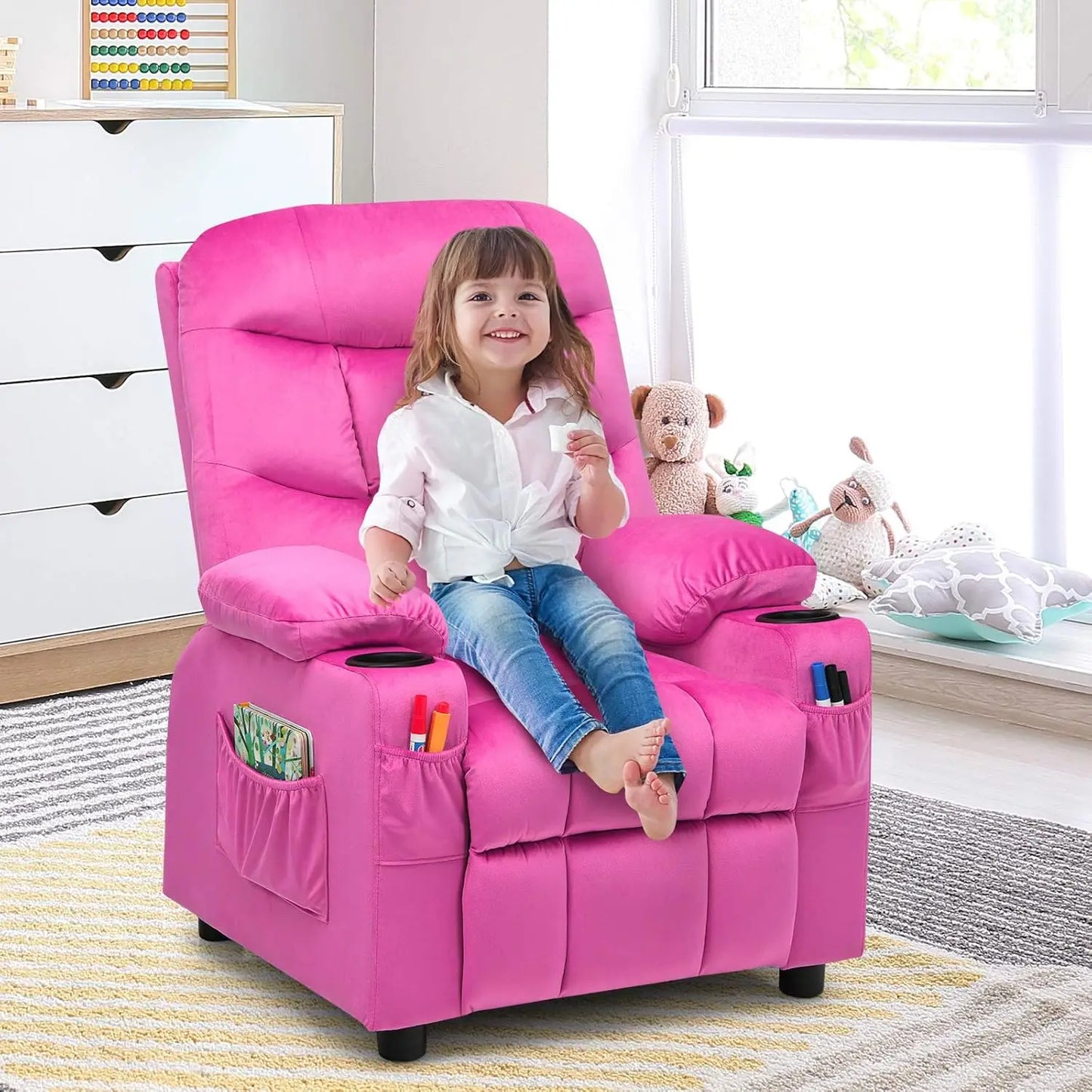 Kids Velvet Recliner Chair with Cup Holder, Footrest & Side Pockets for Children Boys Girls Baby Bedroom, Adjustable, Er