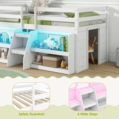 Loft Bed with LED Lights, Stairs & Safety Guardrail, Storage Bookcase and Under-Bed Play Space, Twin Loft Bed