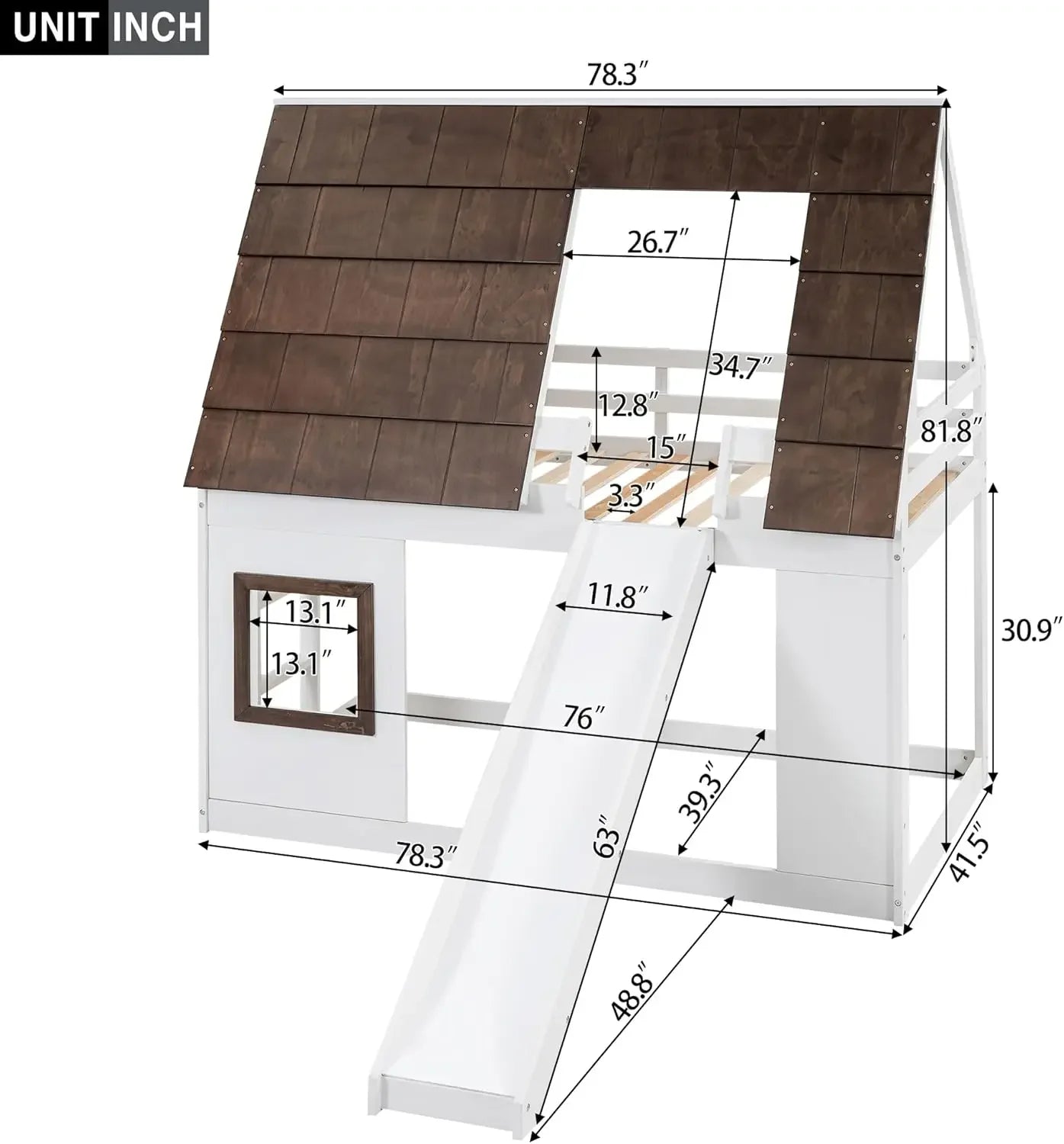 Cadre de lit superposé Twin Over Twin House avec toit, fenêtre, échelle et toboggan pour garçons et filles, blanc et marron