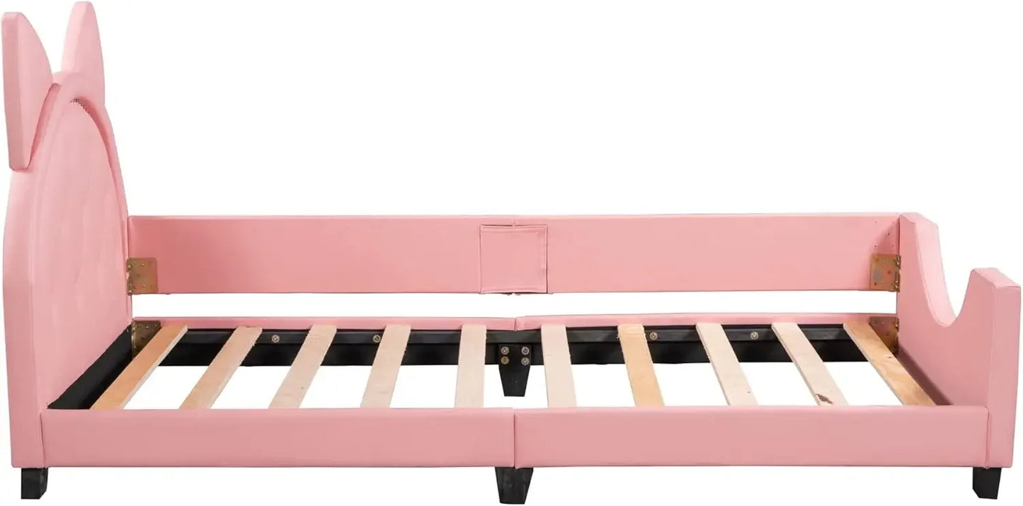 Cama de día tapizada tamaño twin con cabecero de orejas de conejo, estructura de cama con plataforma para niños, dormitorio infantil, no necesita somier