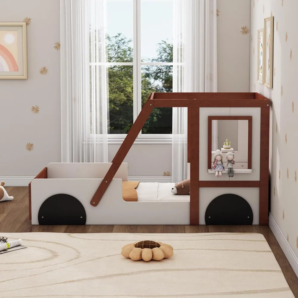 Marco de cama de tamaño doble para niños, cama con piso de madera, cama de plataforma doble con ruedas y diseño de puerta, cama doble divertida para niños y niñas