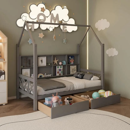 Cama individual para niños, casita con 2 cajones, plataforma con cabecero y listones de madera, casita con valla para niños