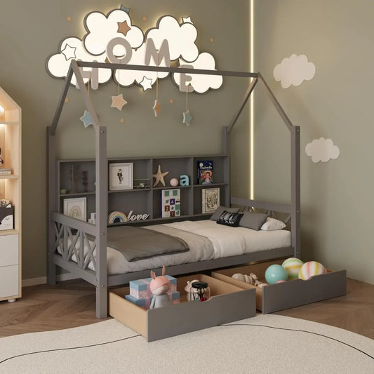 Twin Bed Frame for Kids, House with 2 Drawers, Platform  with Headboard and Wood Slats,  House with Fence for Boys