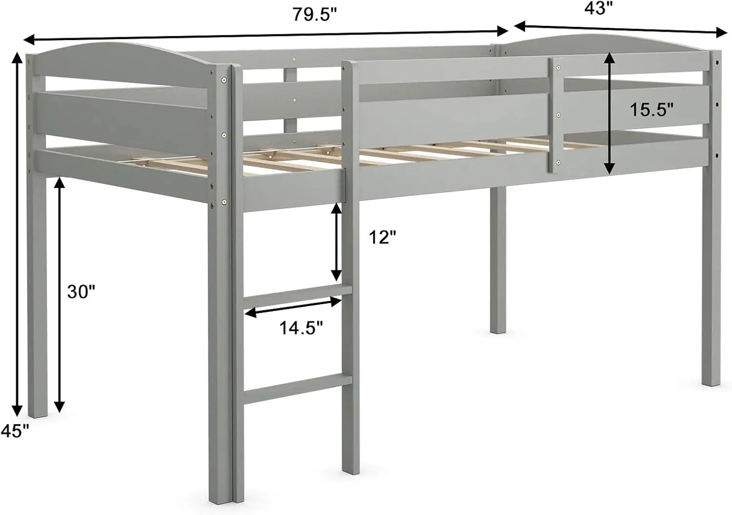 Lit mezzanine bas en bois avec garde-corps et échelle, lit simple pour garçons et filles pour chambre d'enfants, pas besoin de sommier, mezzanine basse classique pour enfants