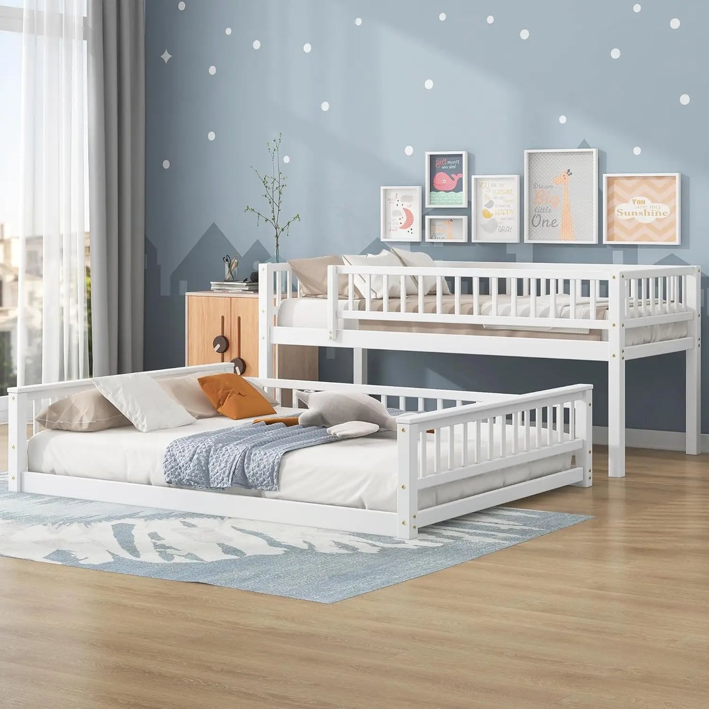 Lit superposé en bois Twin XL sur Queen avec échelle et garde-corps, pour chambre d'enfants, adolescents et adultes (blanc-1)