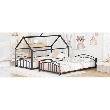 Litera de metal para dos personas con tobogán, cama tipo casa para niños, color negro y rojo