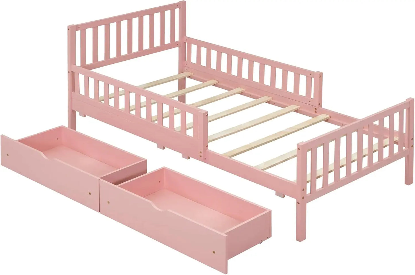 Cama individual con barandillas, cama de plataforma baja con cabecero y pie de cama, estructura de cama infantil rosa con 2 cajones para niño y niña