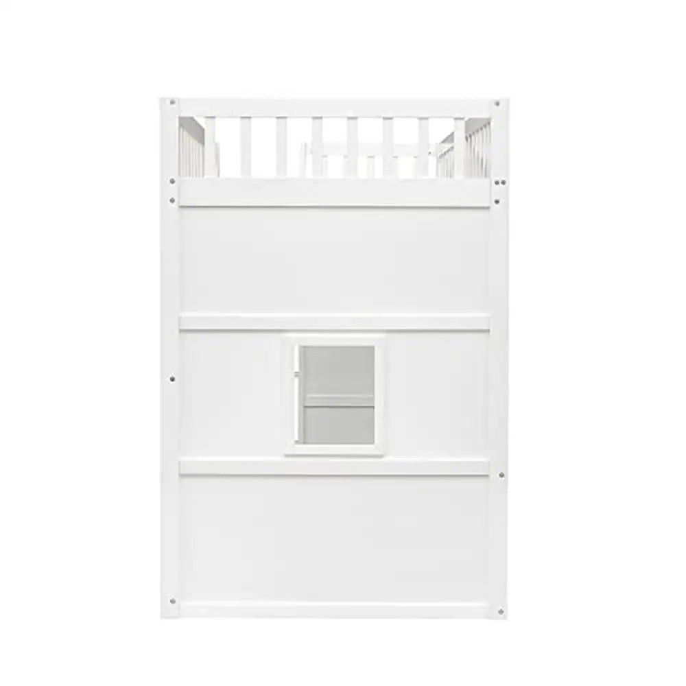 Lit mezzanine pour enfants de taille double, cadre de lit blanc et gris, fenêtre, échelle, bois massif, design robuste, espace de rangement, style moderne, facile