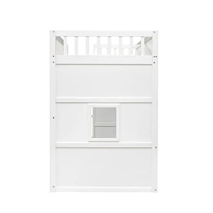 Lit mezzanine pour enfants de taille double, cadre de lit blanc et gris, fenêtre, échelle, bois massif, design robuste, espace de rangement, style moderne, facile