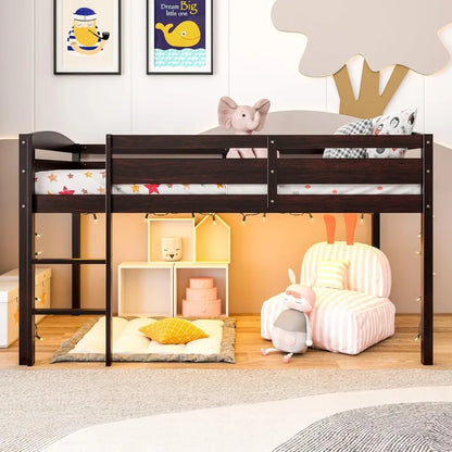 Twin Loft Bed, Solid Wood Low Loft Bed for Kids with Ladder & Guard Rails, No Box Spring Needed, Space-Saving Loft Bed