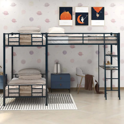 Loft Beds, L-Shaped Metal Corner Bunk Bed with Two Ladders, Twin Over Twin Bunk Bed with Twin Loft Bed W/Desk and Shelf, Beds