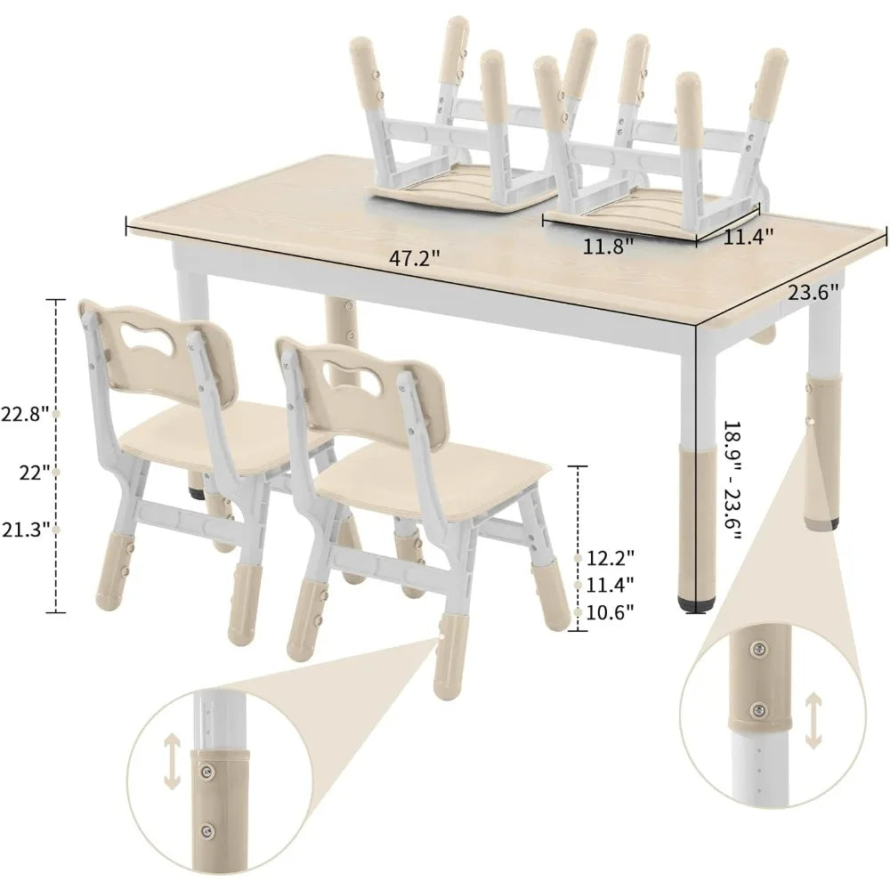 Juego de mesa y sillas para niños pequeños de 4 a 12 años, 47,2 pulgadas de largo x 23,6 pulgadas de ancho, juego de mesa y silla de estudio para niños, altura ajustable, escritorio con grafiti