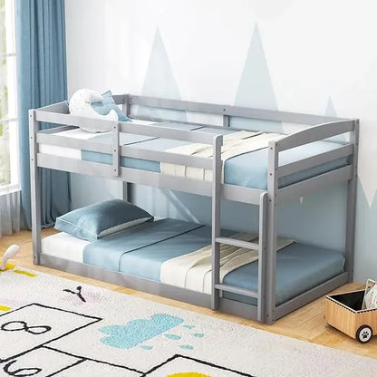 Wood Bunk Bed Twin Over Twin, Bunk Bed with Ladder & Safety Guardrail, Solid Wood Bed Frame, Ideal Multiple-Child Family, Beds