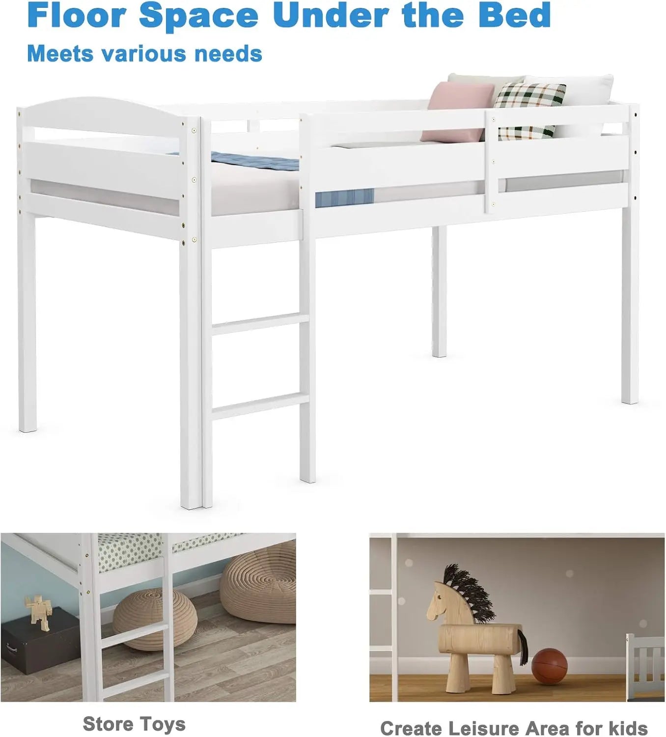 Twin Loft Bed, Solid Wood Low Loft Bed w/Guard Rail and Ladder, Boys & Girls Twin Bed for Kids Room, No Box Spring Needed, Class