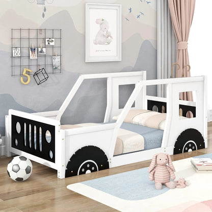 Twin Size Kids Bed, Classic Car-Shaped Platform Bed with Wheels, Wood Twin Montessori Floor Bed for Kids Boy Girls, Lightning Mc