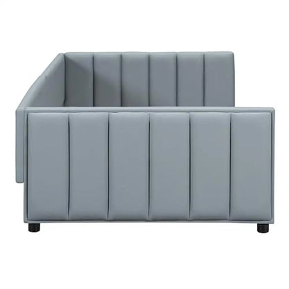 Cama moderna para madre e hijo tapizada en piel sintética tamaño Queen Twin XL con listones de madera en color gris, no necesita somier, fácil instalación