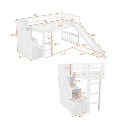 Kids Twin Low Loft Bed Slide Stairs Storage Guardrails Pine Frame Boys Girls White Loft Bed Frame