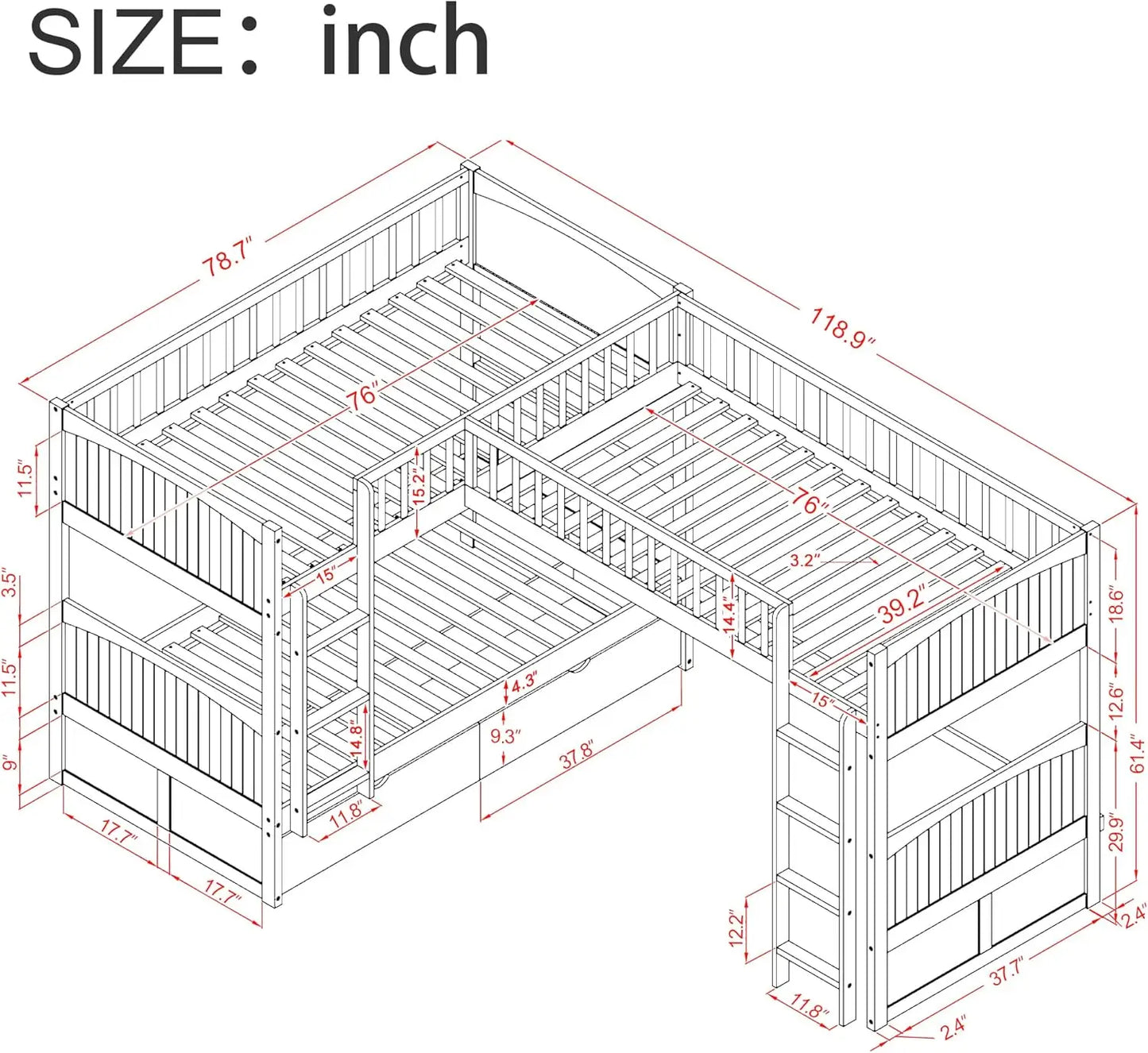 Triple Bunk Bed with Drawers, L-Shaped Bunk Beds for 3, Twin Over Twin Bunk Bed with a Loft Bed Attached for Kids, Teens, Adults