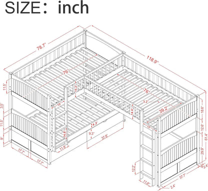 Lit superposé triple avec tiroirs, lits superposés en L pour 3 personnes, lit superposé simple sur simple avec un lit mezzanine attaché pour enfants, adolescents, adultes