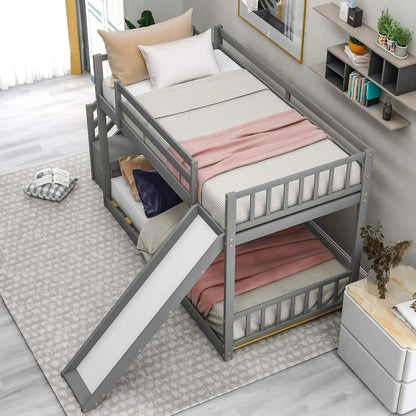 Lit superposé bas en bois massif pour enfants Lit superposé simple au sol avec toboggan et escalier Escalier avec étagères de rangement Main courante Gris