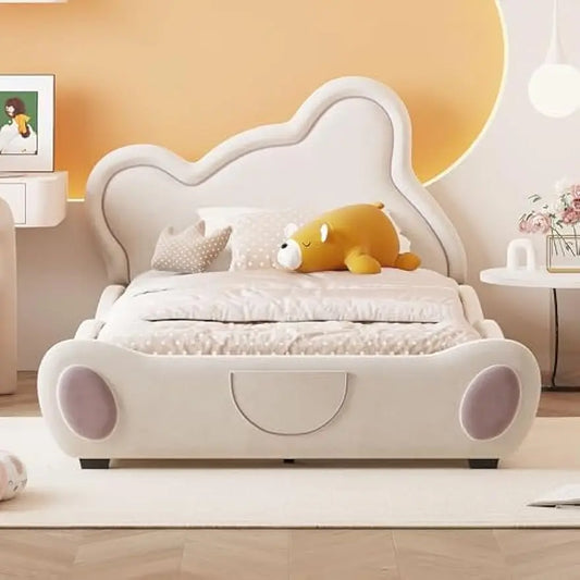 Merax Upholstered Bed Frame Twin Size for Kids, Velvet Platform Bed with Bear Shaped Headboard & Bed-End Pocket, Beige